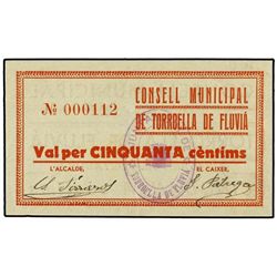 50 Cèntims. - C.M. de TORROELLA DE FLUVIÀ. - MUY RARO. AT-2260; T-2598. EBC. - -