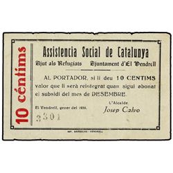 10 Cèntims. - Gener 1938. - Aj. DEL VENDRELL ASSISTENCIA SOCIAL AJUT ALS REFUGIATS. - RARO. AT-2727;