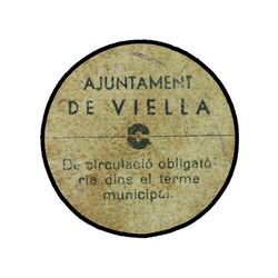 50 Cèntims. - S/F. - Aj. DE VIELLA. - Cartulina redonda. MUY RARO. (Algo sucio). AT-2755;T-3176. MBC