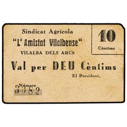 10 Cèntims. - S/F. - SINDICAT AGRICOLA L´AMISTAT VILALBENSE VILALBA DELS ARCS. - MUY RARO. (Mancha).