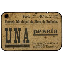 1 Peseta. - C.M. de MORA DE RUBIELOS (Teruel). - Cartón. (Pérdida de papel en una esquina). MUY RARO