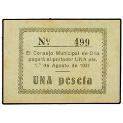 1 Peseta. - 1 Agosto 1937. - C.M. de ORIA (Almería). - Cartón. RARÍSIMO. KG y Mont. no reseñan este