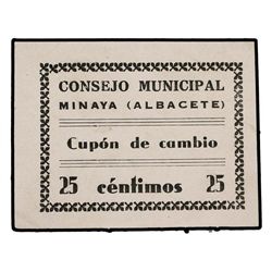 25 Céntimos. - C.M. de MINAYA (Albacete). CUPÓN DE CAMBIO. - MUY RARO. KG y Mont no reseñados. EBC.