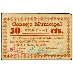 50 Céntimos. - Octubre 1937. - C.M. de URDA (Toledo). - Cartón. RARÍSIMO. Mont-1496A. MBC+. - -