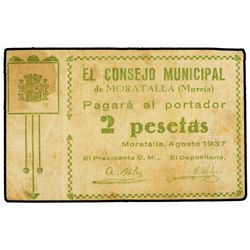 2 Pesetas. - Agosto 1937. - C.M. de MORATALLA (Murcia). - (Manchas). MUY RARO. Mont-973H. MBC. - -