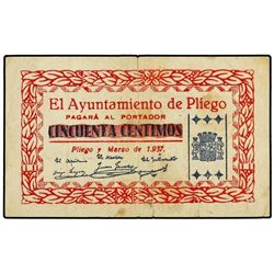 50 Céntimos. - Marzo 1937. - Ay. de PLIEGO (Murcia). - RARO. Mont-1134A. MBC. - -