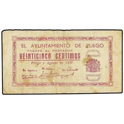 25 Céntimos. - Agosto 1937. - Aj. de PLIEGO (Murcia). - (Sucio). MUY RARO. Mont-1134E. MBC. - -
