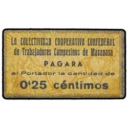 25 Céntimos. - COLECTIVIDAD COOPERATIVA CONFEDERAL DE TRABAJADORES CAMPESINOS MASANASA (Valencia). -
