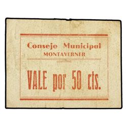 50 Céntimos. - C.M. de MONTAVERNER (Valencia). - Cartón. (Sucio). MUY RARO. TV-982. MBC.  - -