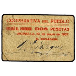 2 Pesetas. - 28 Mayo 1937. - COOPERATIVA DEL PUEBLO MORELLA (Castellón). - (Sucio). RARÍSIMO. TV-996