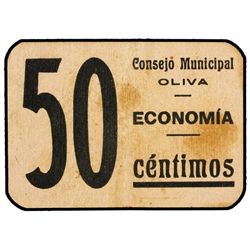 50 Céntimos. - C.M. de OLIVA (Valencia). - Cartón. (Manchas). RARO. TV-1033. MBC. - -