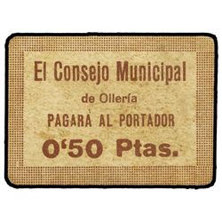 0,50 Pesetas. - C.M. de OLLERIA (Valencia). - Cartón. (Sucio). MUY RARO. TV-1037. MBC+. - -