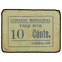 10 Céntimos. - C.M. de OLLERIA (Valencia). - Cartón. MUY RARO. TV-1039. MBC. - -