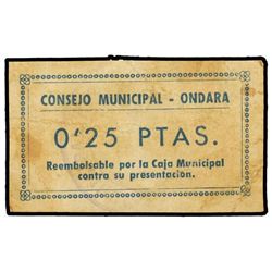 0,25 Pesetas. - C.M. de ONDARA (Alicante). - Cartón. (Sucio). RARÍSIMO. TV-1052. MBC-. - -