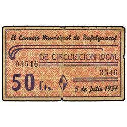 50 Céntimos. - 5 Julio 1937. - C.M. de RAFELGUARAF (Valencia). - (Sucio). RARO. TV-1208. MBC. - -
