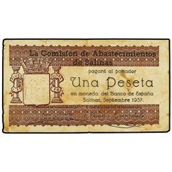 1 Peseta. - Septiembre 1937. - COMISIÓN DE ABASTECIMIENTOS DE SALINAS (Alicante). - (Manchas). MUY R