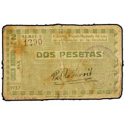 2 Pesetas. - 1937. - C.M. de SAX (Alicante). - (Muy usado). MUY RARO. TV-1321. BC. - -