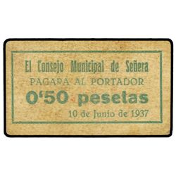 0,50 Pesetas. - 10 Junio 1937. - C.M. de SEÑERA (Valencia). - Cartón. (Sucio). MUY RARO. TV-1334. MB
