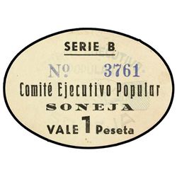 1 Peseta. - COMITÉ EJECUTIVO POPULAR SONEJA (Castellón). - Cartón ovalado. Serie B. Sin tampón al do