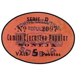 5 Pesetas. - COMITÉ EJECUTIVO POPULAR SONEJA (Castellón). - Cartón ovalado. Serie D. Sin tampón al d