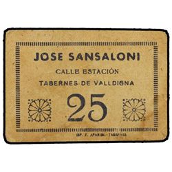 25 Céntimos. - JOSE SANSALONI. TABERNES DE VALLDIGNA (Valencia). - Cartón. RARÍSIMO. Mont-1395C. MBC