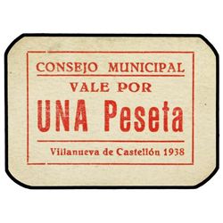 1 Peseta. - 1938. - C.M. de VILLANUEVA DE CASTELLÓN (Castellón). - RARO. Mont. y TV no reseñan éste