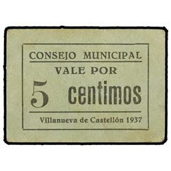 5 Céntimos. - 1937. - C.M. de VILLANUEVA DE CASTELLÓN (Castellón). - Cartón. MUY RARO. TV-1509. EBC-