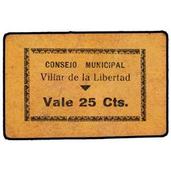 25 Céntimos. - C.M. VILLAR DE LA LIBERTAD (Villar del Arzobispo) (Valencia). - Cartón naranja. RARÍS