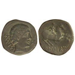 As. - CONTERBIA CARBICA. - Anv.: Cabeza masculina a derecha, delante delfín, detrás leyenda ibérica