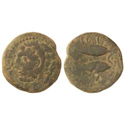 As. - GADES. - Anv.: Cabeza de Hércules a izquierda, detrás clava. Rev.: Dos atunes a izquierda arri