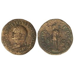 Dupondio. - Acuñada el 73 d.C. - VESPASIANO. - Anv.: IMP. CAES. VESP. AVG. P. M. T. P. COs. (...) CE