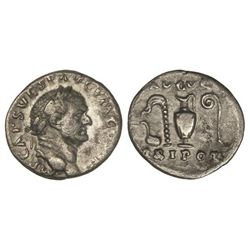 Denario. - Acuñada el 72-73 d.C. - VESPASIANO. - Anv.: IMP. CAES. VESP. AVG. P. M. (COS. IIII). Cabe