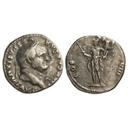 Denario. - Acuñada el 69 d.C. - VESPASIANO. - Anv.: IMP. CAESAR VESPASIANVS AVG. Busto a derecha. Re