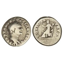 Denario. - Acuñada el 69 d.C. - VESPASIANO. - Anv.: IMP. CAESAR VESPASIANVS AVG. Cabeza laureada a d