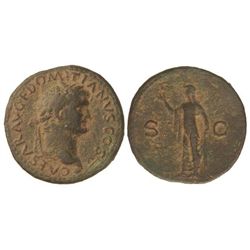 As. - Acuñada el 77-78 d.C. - DOMICIANO. - Anv.: CAESAR AVG. F. DOMITIANVS COS. V. Cabeza laureada a