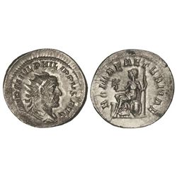 Antoniniano. - Acuñada el 244-247 d.C. - FILIPO I. - Rev.: ROMAE AETERNAE. Roma sentada a izquierda