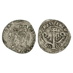 Óbolo. - SANCHO VI. - Anv.: ()SANCIVS REX. Efigie a izquierda. Rev.: NAVARA en arco sobre árbol sup