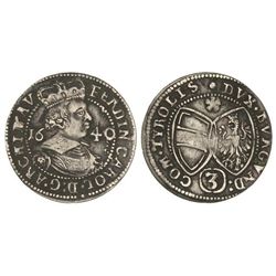 3 Kreuzer. - 1640. - ARCHIDUQUE FERNANDO CARLOS. - HALL. - AR. Pátina. KM-829. MBC+. - -