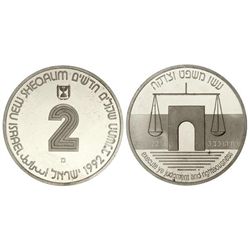 2 Nuevos Sheqalim. - JE 5752 (1992). - AR. 44 aniversario Independencia. Tirada: 4.486 piezas. KM-22