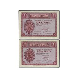 Lote 2 billetes 1 Peseta. - 12 Octubre 1937. - Serie F. Ed-D26a. SC. - -