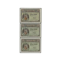 Lote 3 billetes 1 Peseta. - 28 Febrero 1938. - Serie F. (Una esquina levemente doblada). Ed-D28a. SC