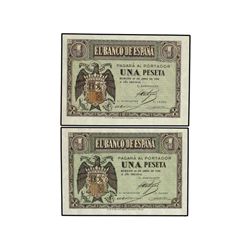 Lote 2 billetes 1 Peseta. - 30 Abril 1938. - Series C y G. Ed-D29a. SC. - -