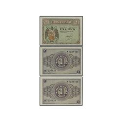 Lote 3 billetes 1 Peseta. - 30 Abril 1938. - Serie M. Trío correlativo. Ed-D29a. SC. - -