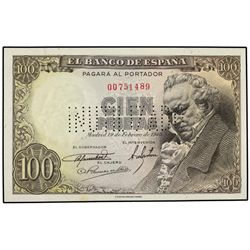 100 Pesetas. - 19 Febrero 1946. - Goya. Sin Serie. INUTILIZADO en perforación. (Manchita). Ed-D52n.