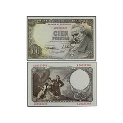 Lote 2 billetes 100 Pesetas. - 19 Febrero 1946. - Goya. Serie A. Pareja correlativa. (Descentrados.