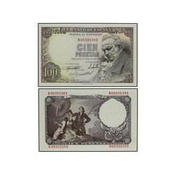 Lote 2 billetes 100 Pesetas. - 19 Febrero 1946. - Goya. Serie B. Pareja correlativa. (Leve doblez en