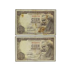 Lote 2 billetes 100 Pesetas. - 19 Febrero 1946. - Goya. Serie B. (Manchitas y leve rotura). Ed-D52a.