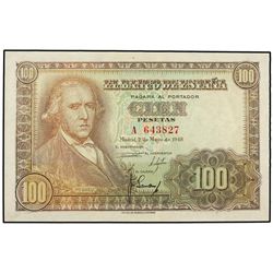 100 Pesetas. - 2 Mayo 1948. - Bayeu. Serie A. Busto de Bayeu de color más claro. Ed-D57a. EBC+. - -