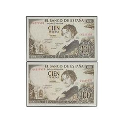 Lote 2 billetes 100 Pesetas. - 19 Noviembre 1965. - - Bécquer. Serie U. ERROR: Firma del cajero inve