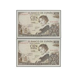 Lote 2 billetes 100 Pesetas. - 19 Noviembre 1965. - - Bécquer. Serie X. ERROR: Firma del cajero inve